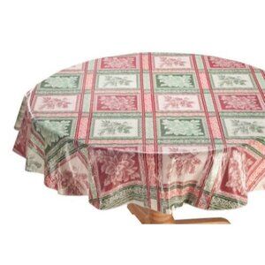 Festive Jacquard Vinyl Table Cover 70' Round Poinsettias Holly Patchwork Holiday